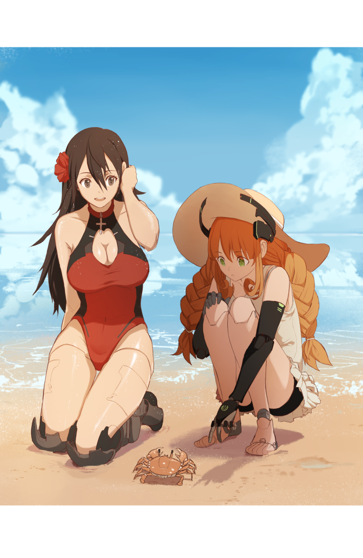:d adjusting_hair arm_behind_back arm_up bare_arms bare_shoulders beach blue_sky braid breasts brown_eyes brown_hair casual_one-piece_swimsuit cleavage cleavage_cutout cloud collarbone commentary convenient_leg covered_navel crab cross day dishwasher1910 english_commentary eyebrows_visible_through_hair flower full_body hair_between_eyes hair_flower hair_ornament hand_on_own_arm hat horizon kneeling large_breasts long_hair looking_down multiple_girls ocean older one-piece_swimsuit open_mouth outdoors penny_polendina prosthesis prosthetic_arm prosthetic_leg red_flower red_swimsuit reflection robot_joints ruby_rose rwby sand shadow sidelocks skin_tight sky smile squatting sun_hat swimsuit swimsuit_skirt thigh_gap twin_braids upper_teeth very_long_hair water white_hat white_swimsuit