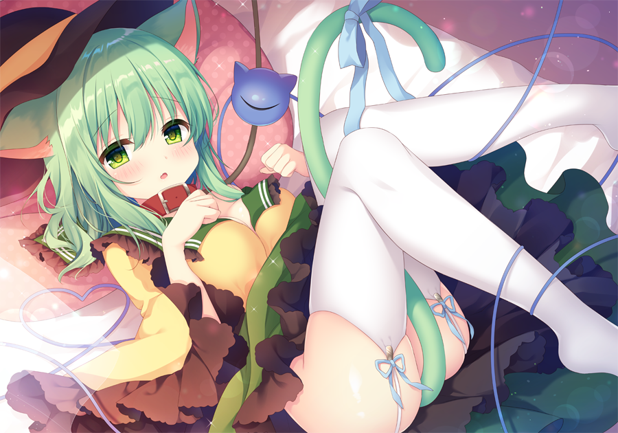animal_ears ass bangs bare_shoulders bed black_hat blue_ribbon breasts cat_ears cat_tail clenched_hands collar commentary_request eyebrows_visible_through_hair feet_out_of_frame frilled_shirt_collar frilled_sleeves frills garter_straps green_eyes green_hair green_skirt hair_between_eyes hands_up hat heart heart_of_string kemonomimi_mode knees_up komeiji_koishi leash lens_flare long_hair long_sleeves looking_at_viewer lying medium_breasts no_shoes off_shoulder on_back parted_lips petticoat pillow red_collar ribbon shikitani_asuka shiny shiny_skin shirt skindentation skirt solo tail tail_ribbon thighhighs thighs third_eye touhou white_legwear wide_sleeves yellow_shirt
