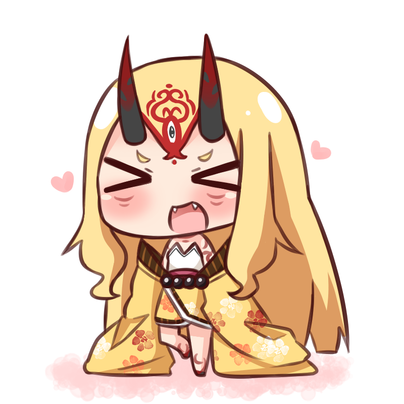 &gt;_&lt; :d bare_shoulders blonde_hair blush chibi closed_eyes commentary_request facial_mark facing_viewer fangs fate/grand_order fate_(series) forehead_mark full_body hana_kazari horns ibaraki_douji_(fate/grand_order) japanese_clothes kimono long_hair long_sleeves off_shoulder oni oni_horns open_mouth sleeves_past_fingers sleeves_past_wrists smile solo standing standing_on_one_leg very_long_hair white_background wide_sleeves xd yellow_kimono