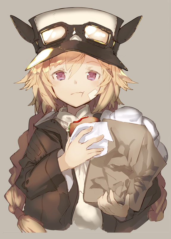 :t bag bangs black_hat blonde_hair blush braid brown_jacket closed_mouth eating food goggles goggles_on_headwear grey_background hair_between_eyes hamburger hat holding holding_bag holding_food jacket long_hair long_sleeves low_twintails open_clothes open_jacket original paper_bag peaked_cap red_eyes shiromiso shirt simple_background solo twin_braids twintails upper_body very_long_hair white_shirt