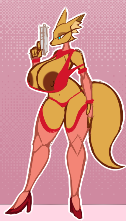 anthro areola big_breasts blue_eyes breasts canine clothed clothing female fox gradient_background gun hand_on_hip mammal nipples pink_background pose r-mk ranged_weapon simple_background solo stripper thick_thighs weapon