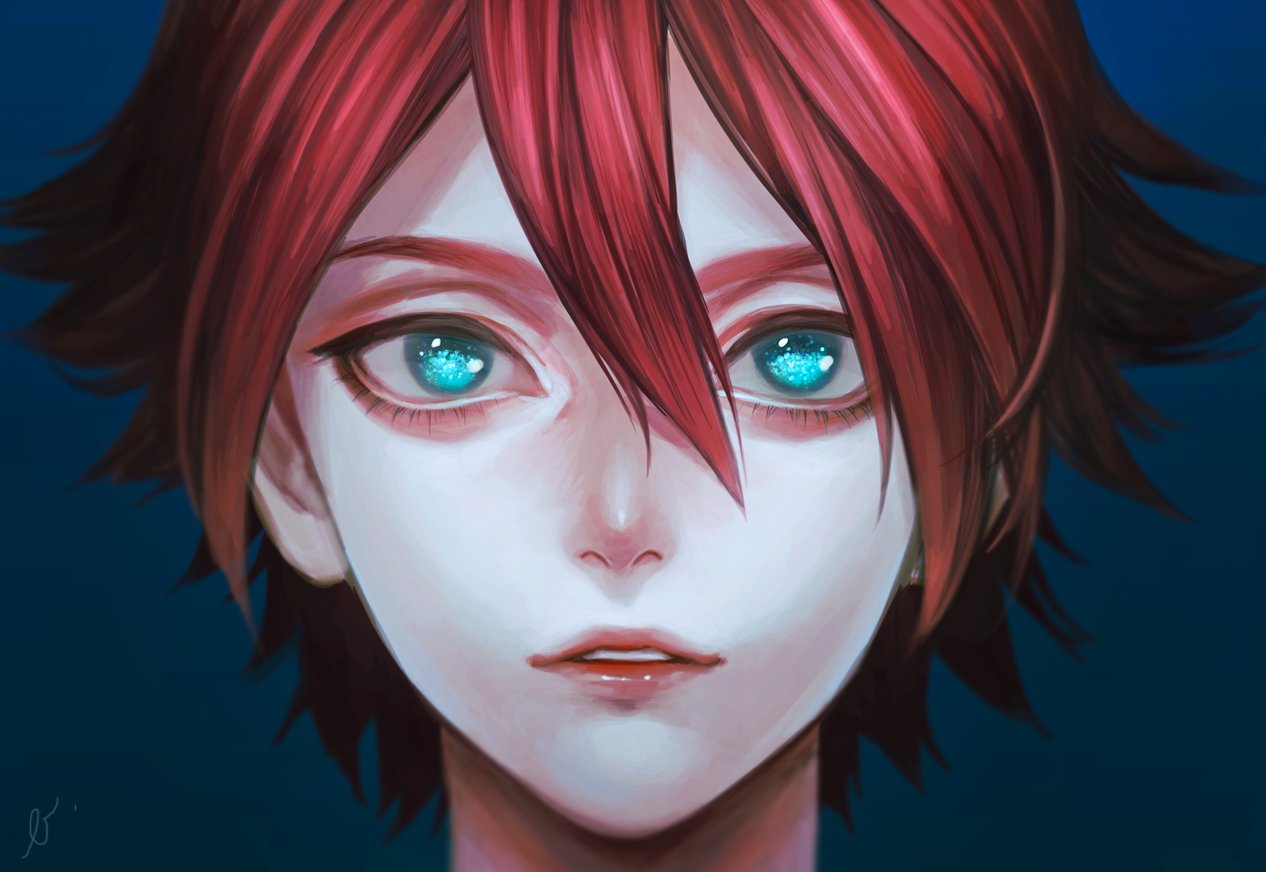 blue_background blue_eyes commentary_request hair_between_eyes inazuma_eleven inazuma_eleven_(series) kiyama_hiroto male_focus murasaki_(fioletovyy) parted_lips portrait red_hair red_lips signature simple_background solo