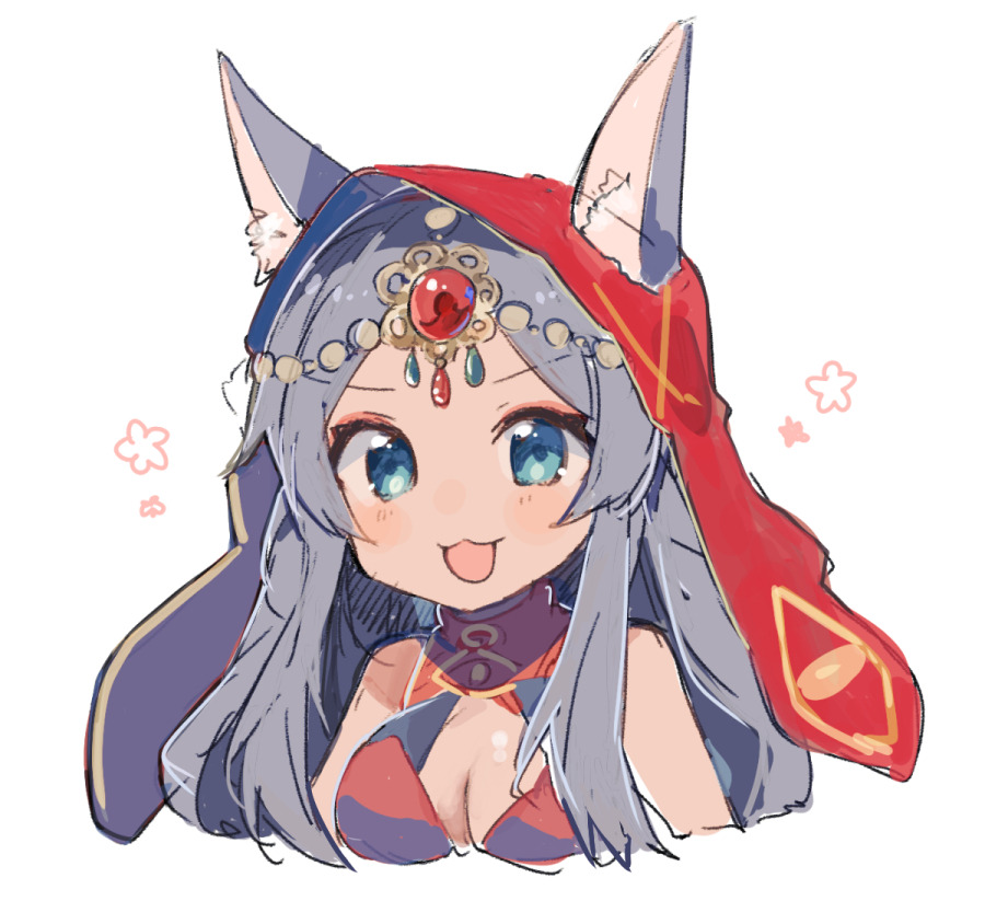 :3 :d animal_ears bikini blue_eyes blush breasts circlet ears_through_headwear fate/grand_order fate_(series) gem grey_hair ikeuchi_tanuma large_breasts long_hair looking_at_viewer no_nose open_mouth queen_of_sheba_(fate/grand_order) red_bikini simple_background smile solo swimsuit upper_body veil white_background