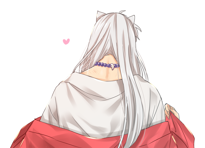commentary_request dog_ears from_behind haori heart inuyasha inuyasha_(character) japanese_clothes long_hair motobi_(mtb_umk) necktie off_shoulder upper_body white_background white_hair