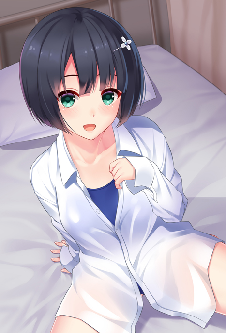 arm_behind_back bangs bed bed_frame bed_sheet black_hair blue_swimsuit blush collarbone collared_shirt commentary_request cowboy_shot flower green_eyes hair_flower hair_ornament hairpin huyumitsu indoors long_sleeves looking_at_viewer on_bed one-piece_swimsuit open_mouth original pillow school_swimsuit see-through shirt short_hair sitting solo swimsuit swimsuit_under_clothes unbuttoned unbuttoned_shirt white_shirt