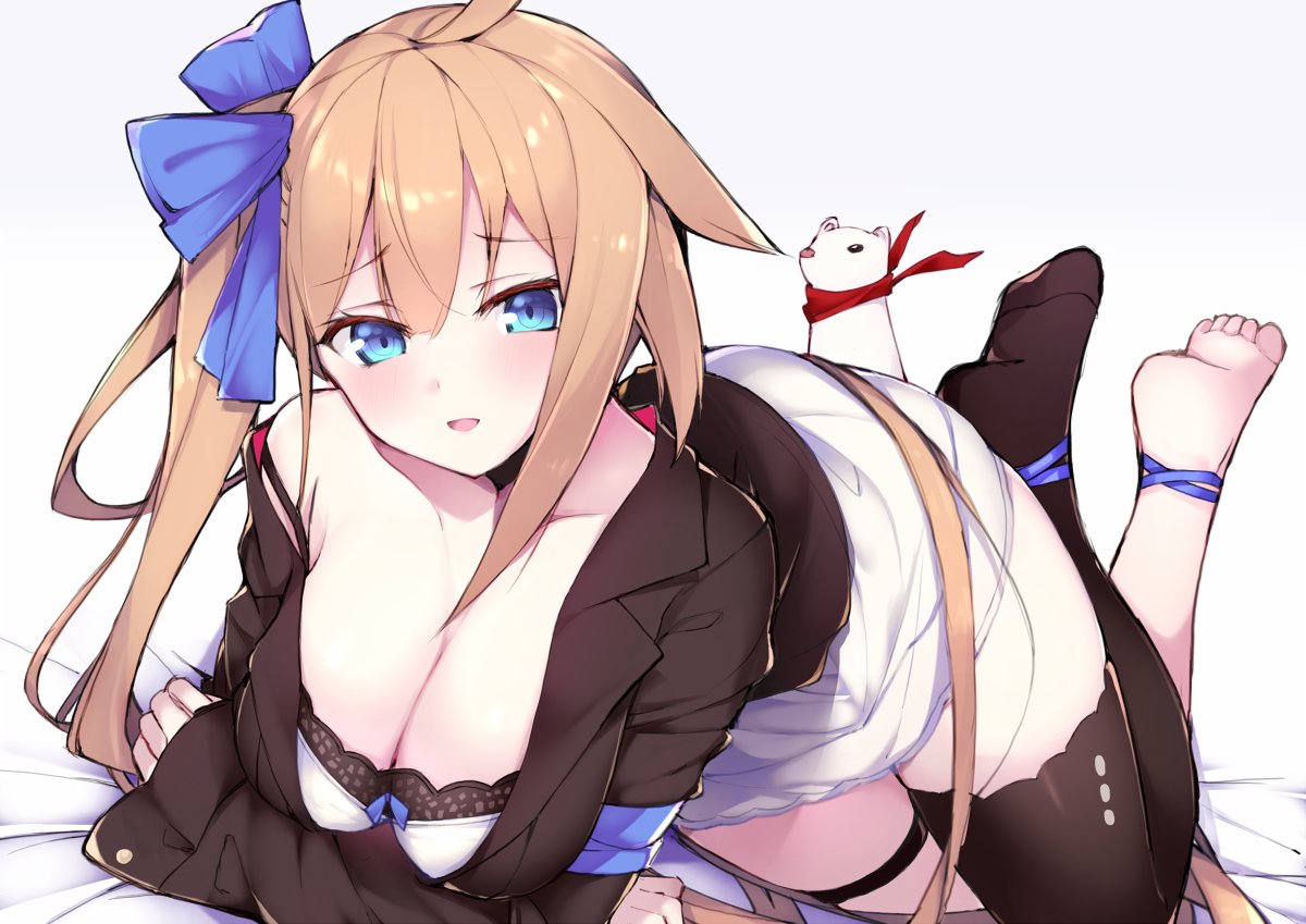 barefoot black_bra blue_eyes bra breast_hold breasts brown_hair cleavage commentary cropped_jacket crossed_arms dress eyebrows_visible_through_hair fal_(girls_frontline) girls_frontline hair_ribbon haruyuki_(yukichasoba) head_tilt jacket large_breasts long_hair long_sleeves looking_at_viewer lying off_shoulder open_clothes open_jacket ribbon short_dress side_ponytail single_sidelock single_thighhigh smile solo strap_slip thigh_strap thighhighs underwear very_long_hair weasel white_dress
