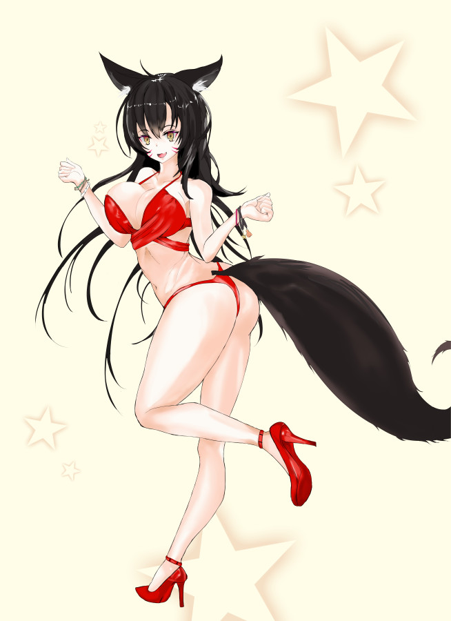 ahri animal_ears ass black_hair breasts cleavage fox_ears fox_tail high_heels league_of_legends long_hair swimsuit tail yellow_eyes