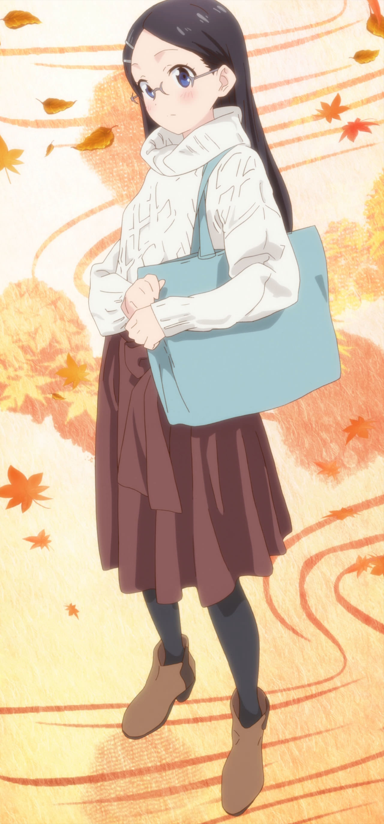 absurdres ankle_boots bag black_hair blue_eyes blush boots breasts brown_footwear glasses hair_ornament hairclip highres long_hair long_skirt long_sleeves looking_at_viewer pantyhose saitou_kaede_(yama_no_susume) screencap shoulder_bag skirt solo standing stitched sweater third-party_edit turtleneck turtleneck_sweater yama_no_susume