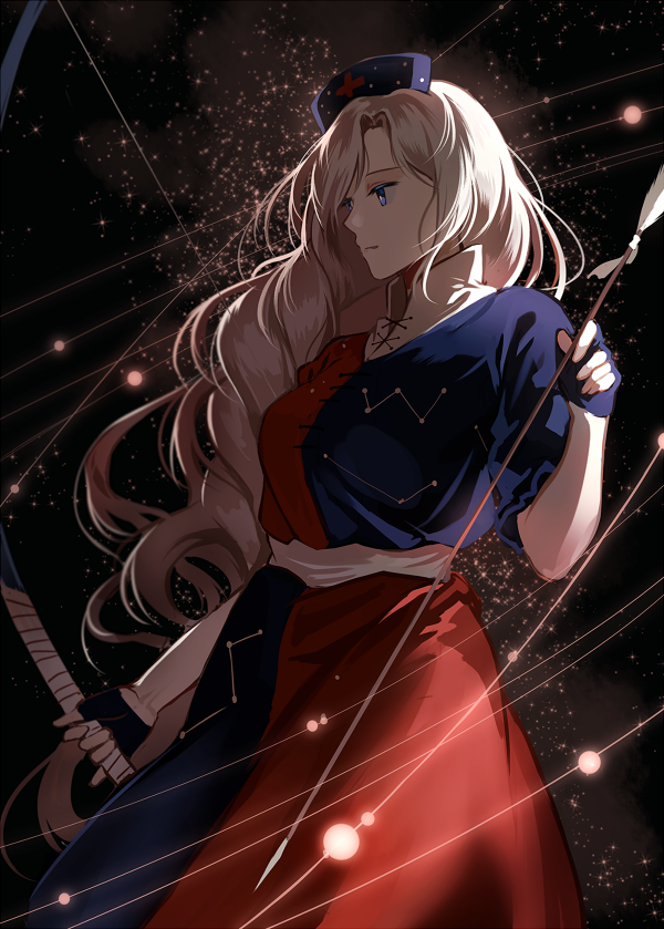 arrow bangs bow_(weapon) commentary constellation dress english_commentary hair_ornament hat holding long_hair night night_sky nurse_cap outdoors red_cross short_sleeves silence_girl silver_hair simple_background sky smile solo space star star_(sky) touhou very_long_hair weapon yagokoro_eirin