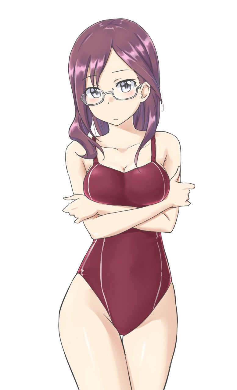 aimobake bangs breasts brown_hair cleavage closed_mouth commentary covered_navel cowboy_shot crossed_arms glasses grey_eyes head_tilt highres idolmaster idolmaster_cinderella_girls light_frown long_hair looking_at_viewer medium_breasts one-piece_swimsuit red_swimsuit silver-framed_eyewear simple_background solo standing swept_bangs swimsuit thigh_gap thighs white_background yagami_makino