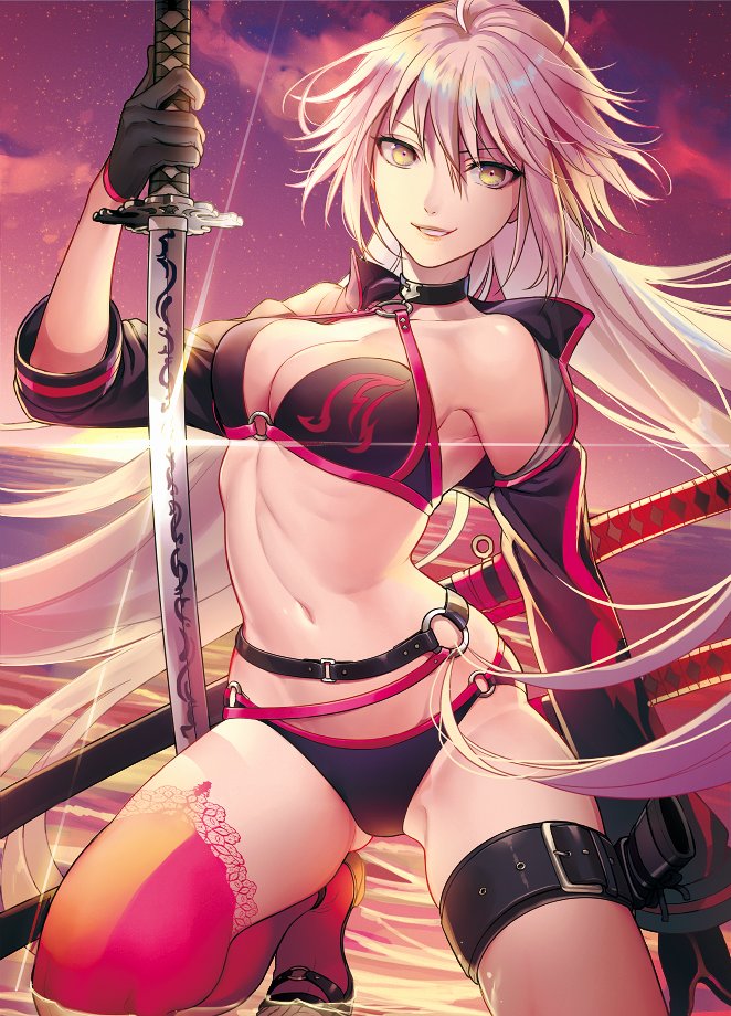 ahoge amg_(nwmnmllf) ass_visible_through_thighs bikini black_bikini black_choker black_gloves breasts choker cleavage cloud commentary_request fate/grand_order fate_(series) floating_hair glint gloves hair_between_eyes holding holding_sword holding_weapon jeanne_d'arc_(alter_swimsuit_berserker) jeanne_d'arc_(fate)_(all) katana kneeling large_breasts long_hair long_sleeves o-ring off_shoulder parted_lips planted_sword planted_weapon red_legwear sheath shrug_(clothing) single_thighhigh sky smile solo star_(sky) starry_sky swimsuit sword thighhighs very_long_hair weapon white_hair yellow_eyes