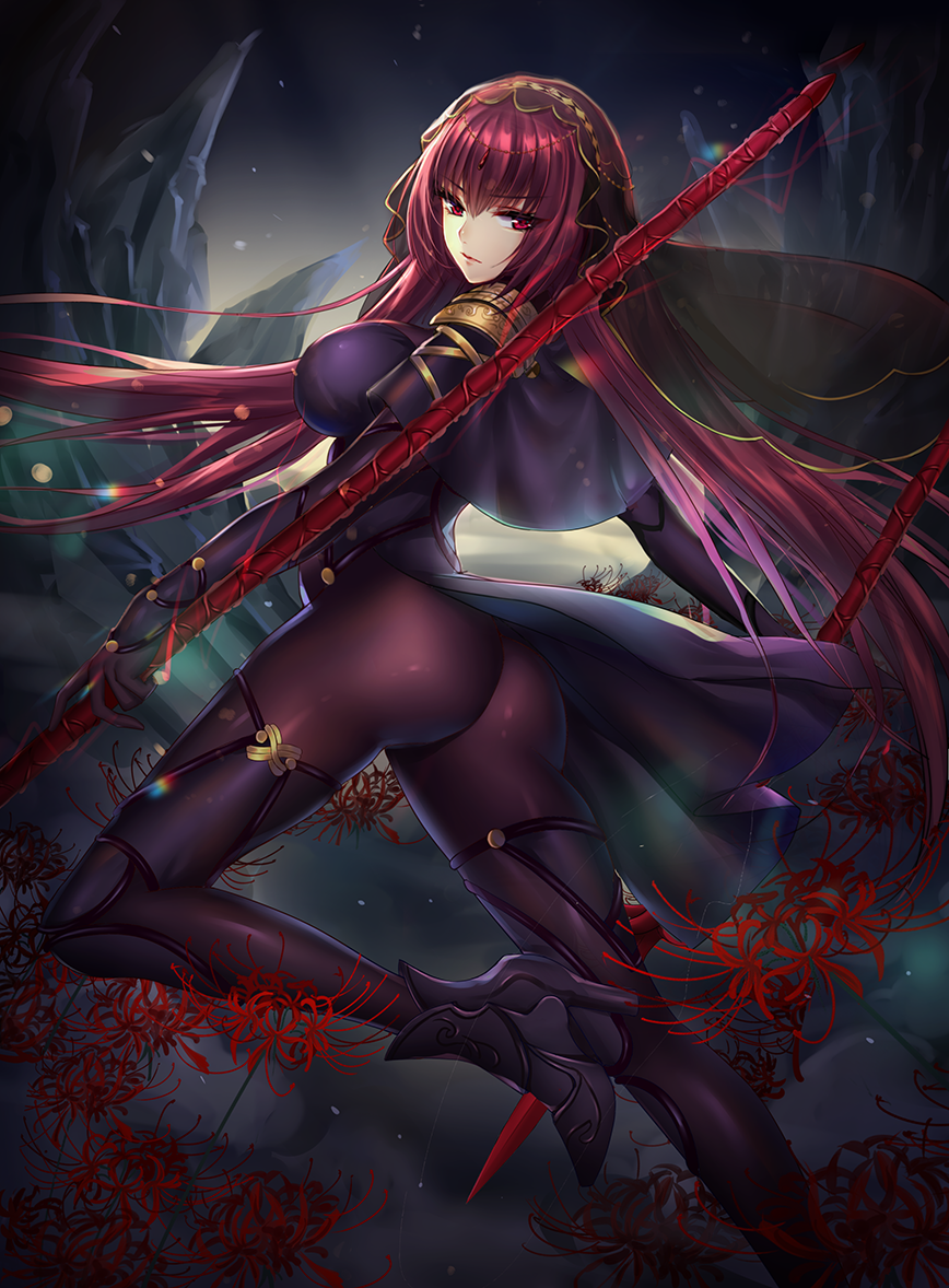 arm_up ass bangs black_footwear bodysuit breasts brown_bodysuit capelet closed_mouth commentary_request dual_wielding eyebrows_visible_through_hair fate/grand_order fate_(series) flower gae_bolg hair_between_eyes high_heels holding holding_lance holding_weapon lance large_breasts long_hair looking_at_viewer looking_back mallizmora outdoors polearm purple_capelet red_eyes red_flower red_hair rock scathach_(fate)_(all) scathach_(fate/grand_order) see-through solo spider_lily standing standing_on_one_leg thighs veil very_long_hair weapon