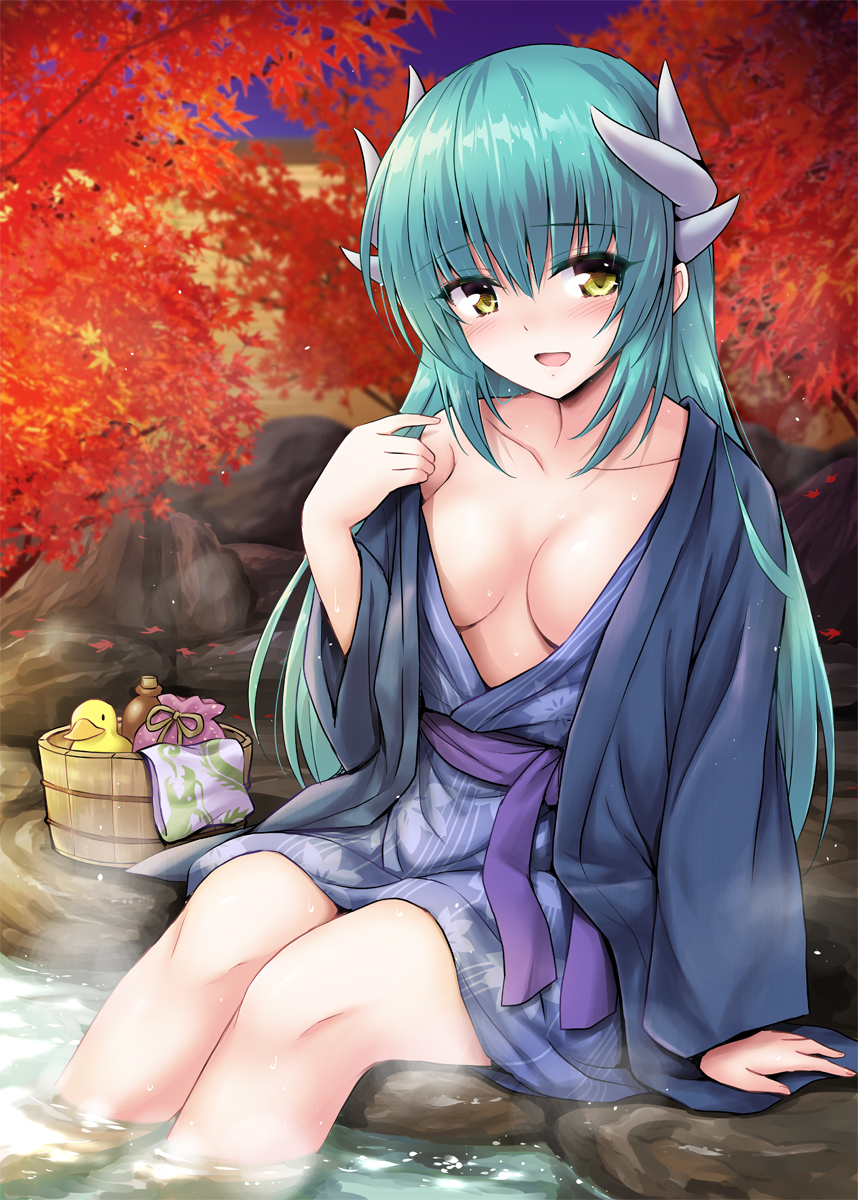 :d aqua_hair arm_at_side autumn autumn_leaves bangs bare_shoulders bath_yukata blue_kimono breasts bucket cleavage collarbone commentary_request eyebrows_visible_through_hair fate/grand_order fate_(series) floral_print hair_between_eyes hanten_(clothes) highres horns japanese_clothes jar kimono kiyohime_(fate/grand_order) long_hair long_sleeves marugoshi_(54burger) medium_breasts night obi off_shoulder onsen open_clothes open_kimono open_mouth outdoors pouch print_kimono rock rubber_duck sash shiny shiny_hair sidelocks sitting smile soaking_feet solo steam straight_hair towel tree undressing very_long_hair water wide_sleeves wooden_bucket yellow_eyes yukata
