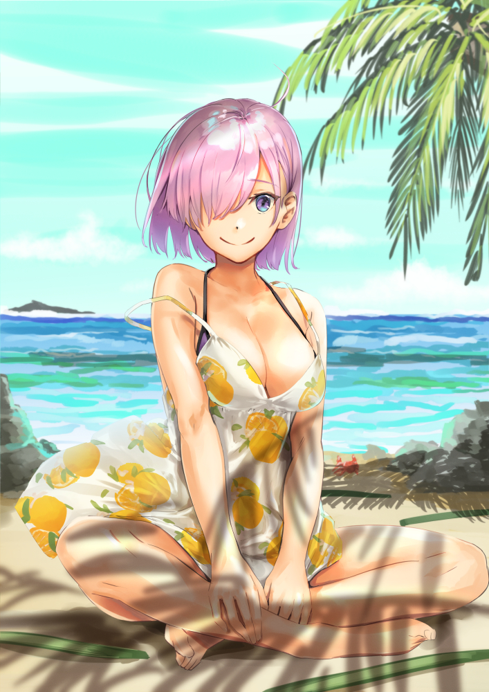 aiueonesan_(umanaminoatama) beach bikini bikini_under_clothes breasts cleavage collarbone commentary_request crab day dress fate/grand_order fate_(series) hair_over_one_eye large_breasts looking_at_viewer mash_kyrielight ocean orange_print palm_tree purple_eyes purple_hair short_hair sitting smile solo spaghetti_strap strap_slip sundress swimsuit tree