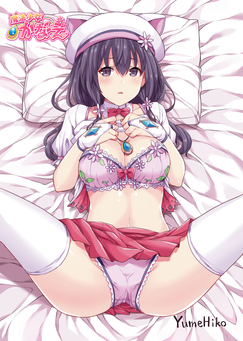 animal_hat bangs bed_sheet black_eyes black_hair blush bow bow_bra bowtie bra breasts bridal_gauntlets cat_hat circle_name cleavage commentary_request copyright_name crotch_seam detached_collar flower gloves hair_flower hair_ornament hasu_(hk_works) hat hat_flower jewelry lace lace-trimmed_panties lifted_by_self long_hair looking_at_viewer lying magical_girl mahou_shoujo_kanae medium_dress miniskirt miyamachi_kanae navel necklace on_back on_bed panties parted_lips pendant pillow pink_bra pink_gloves pink_panties pink_shirt pleated_skirt print_bra puffy_short_sleeves puffy_sleeves red_neckwear red_skirt shirt shirt_lift short_sleeves skirt solo spread_legs thighhighs thighs underwear white_hat white_legwear yumehiko