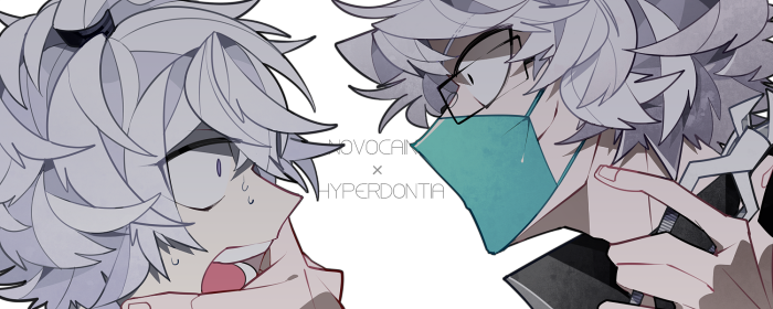close-up constricted_pupils flower_(vocaloid) forceps glasses hand_on_another's_face hyperdontia_(vocaloid) labcoat looking_at_another multiple_girls novocaine_(vocaloid) open_mouth rectangular_eyewear simple_background smile song_name surgical_mask sweat teeth uoshi_(uoshi777) v_flower_(vocaloid4) vocaloid white_background white_hair