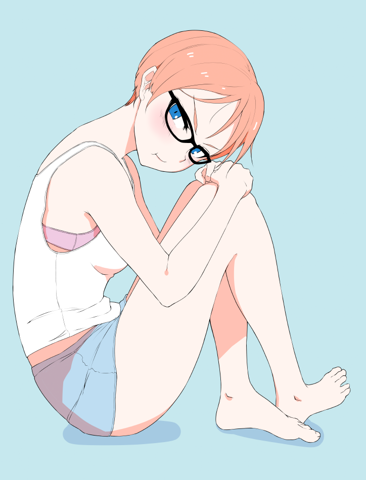 :t bare_arms bare_legs bare_shoulders barefoot blue_background blue_eyes blush boyshorts bra closed_mouth crossed_legs from_side hi_iro looking_at_viewer orange_hair original pink_bra short_hair simple_background sitting solo underwear white_camisole