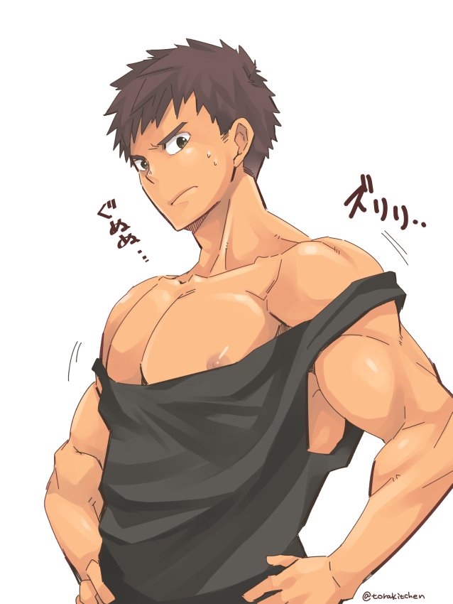 annoyed biceps black_hair chest closed_mouth collarbone hands_on_hips looking_down male_focus nipple_slip nipples off_shoulder original pectorals short_hair simple_background solo sweatdrop tank_top torakichi_(ebitendon) twitter_username upper_body white_background