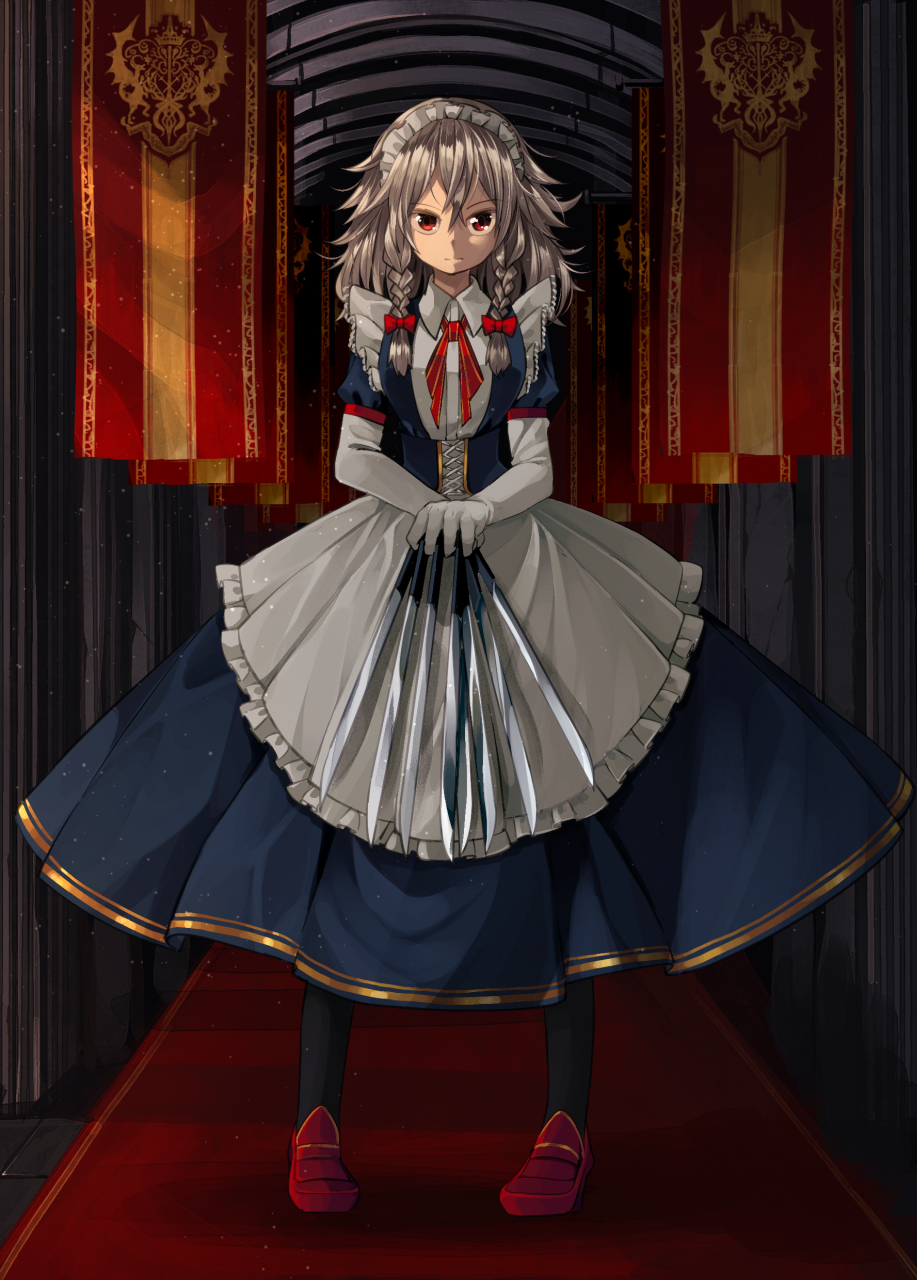 aioi_aoi apron banner between_fingers black_legwear blue_dress braid commentary_request dress elbow_gloves expressionless full_body gloves hair_between_eyes hair_ribbon highres indoors izayoi_sakuya knife light_particles loafers looking_at_viewer maid_headdress medium_hair neck_ribbon pantyhose puffy_short_sleeves puffy_sleeves red_carpet red_eyes red_footwear red_neckwear red_ribbon ribbon shoes short_sleeves silver_hair solo standing tile_floor tiles touhou tress_ribbon twin_braids underbust vaulted_ceiling waist_apron white_gloves wing_collar