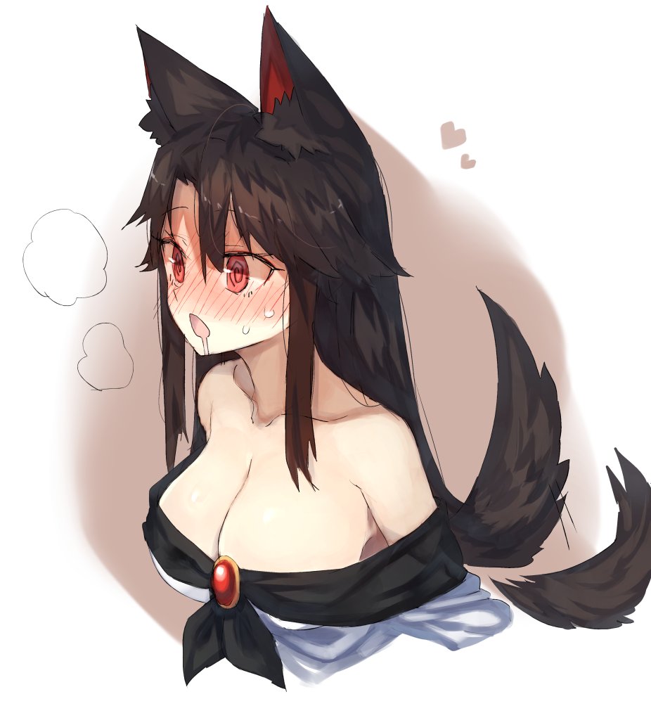 @_@ animal_ear_fluff animal_ears bangs bare_shoulders blush breasts breath brooch brown_background brown_hair cleavage collarbone commentary cropped_torso dress drooling eyebrows_visible_through_hair hair_between_eyes heart imaizumi_kagerou jewelry kasuka_(kusuki) large_breasts long_hair nose_blush off-shoulder_dress off_shoulder open_mouth red_eyes sidelocks solo sweat tail tail_wagging touhou two-tone_background upper_body white_background white_dress wolf_ears wolf_tail