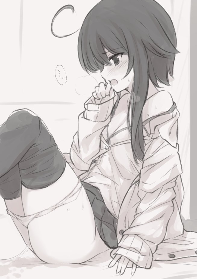 1girl ahoge bare_shoulders blush bow bow_bra bra breasts cardigan cleavage collared_shirt commentary_request dress_shirt fingernails greyscale hand_up heavy_breathing long_hair long_sleeves looking_away monochrome natsuki_teru nose_blush off_shoulder open_cardigan open_clothes open_mouth original panties panty_pull pleated_skirt profile school_uniform shikibe_ayaka shirt sidelocks sitting skirt sleeves_past_wrists small_breasts solo spoken_ellipsis strap_slip sweat thighhighs_pull underwear