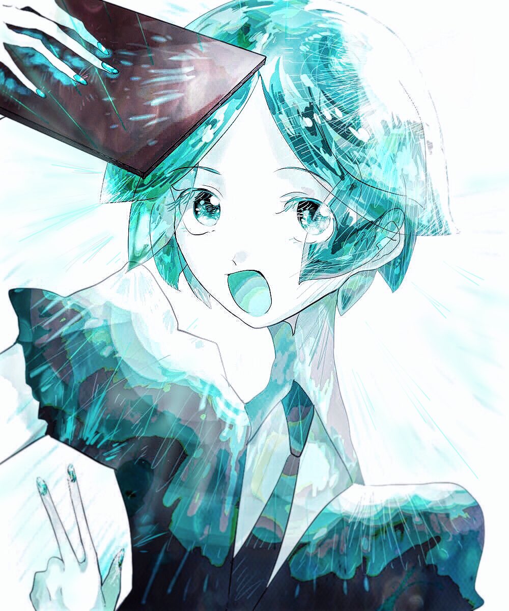 androgynous aqua_eyes aqua_hair clipboard colored_eyelashes commentary_request crystal_hair eyes_visible_through_hair gem_uniform_(houseki_no_kuni) glowing highres houseki_no_kuni looking_at_viewer natsuda_(noom_soh) necktie open_mouth phosphophyllite short_hair smile solo upper_body v