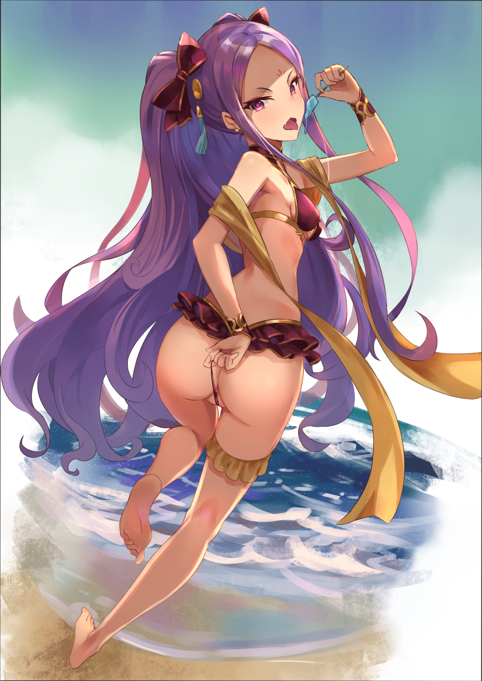 ass back bangs bare_shoulders beach bikini bikini_pull blush bow breasts commentary eating eyeliner facial_mark fang fate/grand_order fate_(series) feet food forehead forehead_mark hair_bow hair_ornament highres hips kakumayu leg_garter legs long_hair looking_at_viewer looking_back makeup ocean open_mouth parted_bangs popsicle purple_bikini purple_eyes purple_hair sash small_breasts solo swimsuit tassel thighs twintails very_long_hair wedgie wu_zetian_(fate/grand_order)