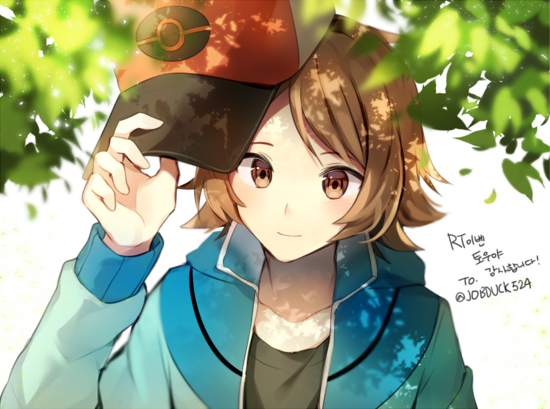 baseball_cap black_shirt blue_jacket blush brown_eyes brown_hair closed_mouth collarbone hand_up happy hat holding jacket korean leaf light_blush long_sleeves looking_at_viewer looking_up male_focus poke_ball_symbol poke_ball_theme pokemon pokemon_(game) pokemon_bw red_hat shirt short_hair simple_background smile solo touya_(pokemon) translation_request upper_body white_background yuhi_(hssh_6)