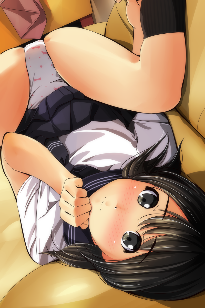 arm_at_side black_eyes black_hair black_legwear black_neckwear black_sailor_collar black_skirt blush commentary_request couch feet_out_of_frame hand_on_own_chin head_tilt highres kneehighs legs_up light_frown long_hair lying matsunaga_kouyou multicolored_hair neckerchief nose_blush on_back on_couch original panties pleated_skirt print_panties sailor_collar school_uniform serafuku shirt skindentation skirt solo spread_legs streaked_hair thighs two-tone_hair underwear upside-down upskirt white_hair white_panties white_shirt