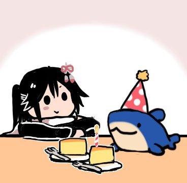 :3 black_hair cake candle food fork hair_ornament hat kantai_collection lowres party_hat remodel_(kantai_collection) sendai_(kantai_collection) smile solid_circle_eyes solo stuffed_animal stuffed_shark stuffed_toy terrajin