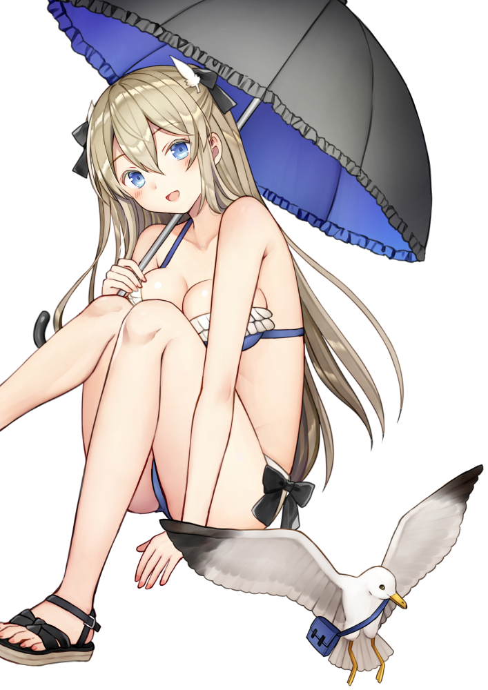 :d bikini bird black_bow black_umbrella blue_eyes blush bow breasts cleavage feathers frilled_bikini frills hair_bow hair_feathers knees_up kurata_rine long_hair mailbag medium_breasts nail_polish open_mouth original over_shoulder parasol pink_nails sandals seagull sitting smile solo swimsuit umbrella white_background