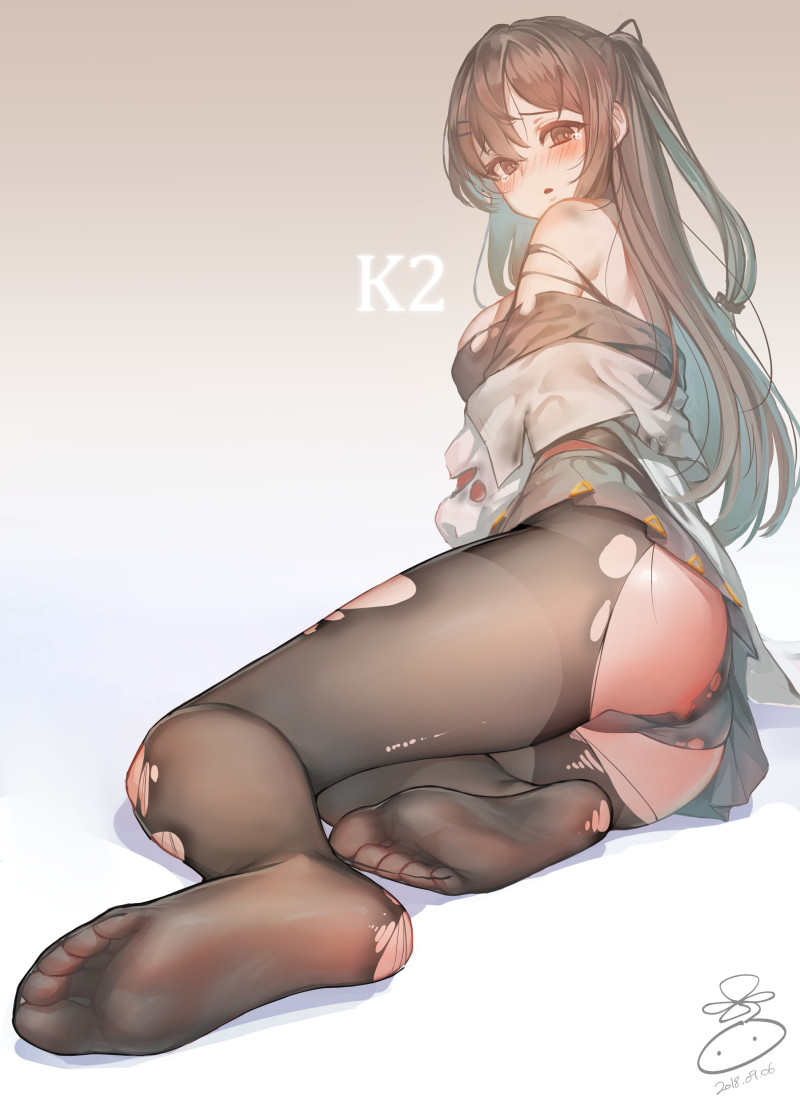 ass bangs bare_shoulders black_legwear black_panties blush breasts brown_eyes brown_hair character_name dated eyebrows_visible_through_hair feet girls_frontline gradient gradient_background hair_ornament hair_ribbon hairclip k-2_(girls_frontline) legs long_hair long_sleeves looking_at_viewer medium_breasts no_shoes off_shoulder one_side_up open_mouth panties panties_under_pantyhose pantyhose pantyshot pantyshot_(sitting) ribbon signature simple_background sitting smile soles solo suerte thighband_pantyhose toes torn_clothes torn_legwear torn_panties underwear yokozuwari