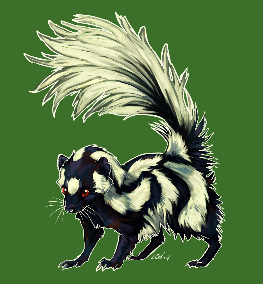 2014 4_toes ambiguous_gender bagleyarts black_fur black_nose black_tail cheek_tuft claws digital_media_(artwork) digital_painting_(artwork) eastern_spotted_skunk feral fluffy fluffy_tail front_view full-length_portrait fur green_background long_tail mammal markings mephitid multicolored_fur outline portrait quadruped raised_tail red_eyes simple_background skunk snout solo spotted_skunk standing toe_claws toes tuft two_tone_fur two_tone_tail whiskers white_claws white_fur white_markings white_tail