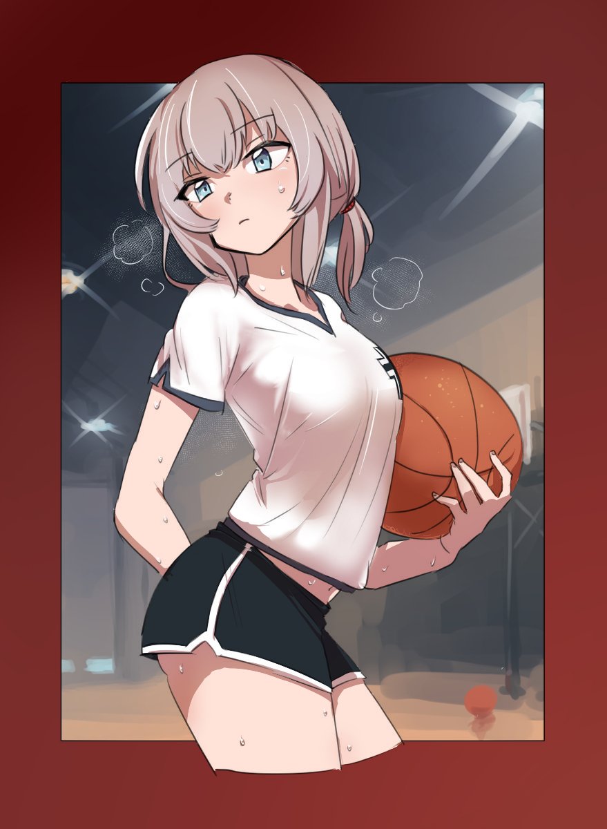 aaru_(kerogero1582) alternate_hairstyle aomushi_(mushamusha) arm_behind_back black_shorts blue_eyes breath closed_mouth collaboration commentary_request cropped_legs diffraction_spikes emblem eyebrows_visible_through_hair from_side girls_und_panzer gym_shirt gym_shorts gym_uniform hair_tie highres holding indoors itsumi_erika light_frown long_hair looking_at_viewer looking_back shirt short_shorts short_sleeves shorts silver_hair single_vertical_stripe solo standing sweat v-neck white_shirt