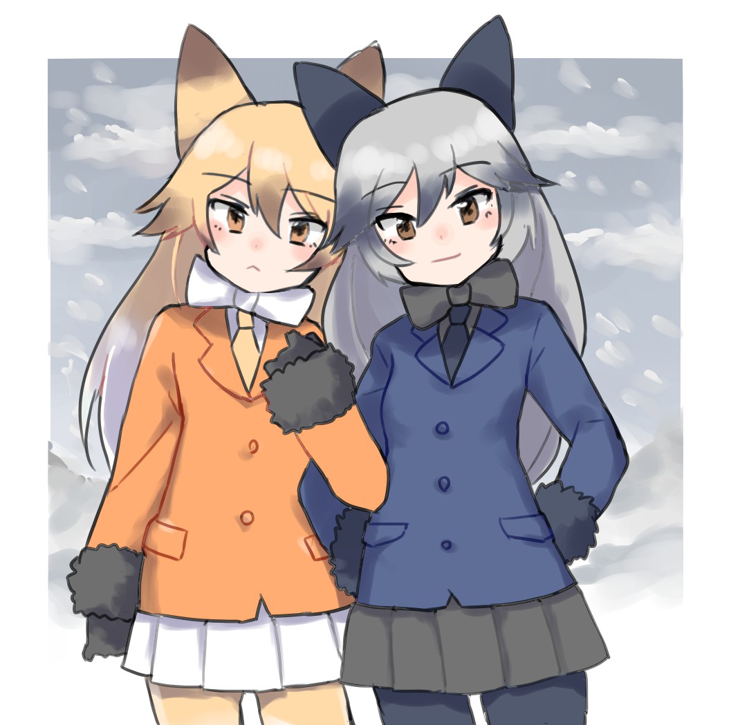 :&lt; aaru_(kerogero1582) animal_ears bangs black_gloves black_neckwear black_skirt blue_jacket blue_legwear blurry blurry_background bow bowtie brown_eyes check_commentary closed_mouth commentary commentary_request cowboy_shot ezo_red_fox_(kemono_friends) fox_ears fox_tail frown fur-trimmed_sleeves fur_trim gloves grey_hair hands_on_hips jacket kemono_friends locked_arms long_hair looking_at_viewer miniskirt multicolored_hair multiple_girls orange_eyes orange_hair orange_jacket orange_legwear outdoors outside_border pantyhose pleated_skirt silver_fox_(kemono_friends) skirt smile snow standing tail white_neckwear white_skirt