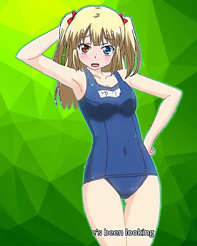 arm_behind_head bare_shoulders boku_wa_tomodachi_ga_sukunai collarbone covered_navel cowboy_shot eyebrows_visible_through_hair green_background groin hair_ribbon hand_on_hip hasegawa_kobato loli looking_at_another looking_at_viewer medium_breasts name_tag school_swimsuit swimsuits