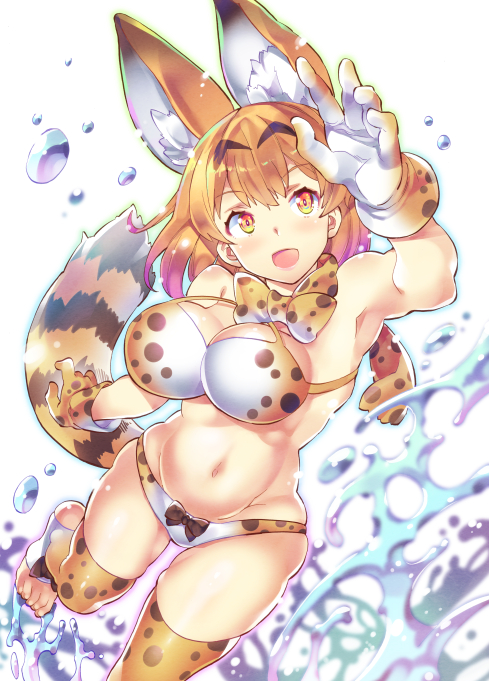 :d animal_ears armpits bangs bare_arms bare_shoulders belly bikini blonde_hair bouncing_breasts bow bow_bikini bowtie breasts cleavage commentary_request extra_ears eyebrows_visible_through_hair gloves hand_up hips kemono_friends looking_up medium_breasts medium_hair multicolored multicolored_eyes navel nib_pen_(medium) open_mouth print_bikini print_gloves print_legwear print_neckwear print_swimsuit red_eyes scarf serval_(kemono_friends) serval_ears serval_print serval_tail skindentation smile solo splashing stomach striped_tail swimsuit tail takano_itsuki thighhighs toeless_legwear toes traditional_media water yellow_eyes