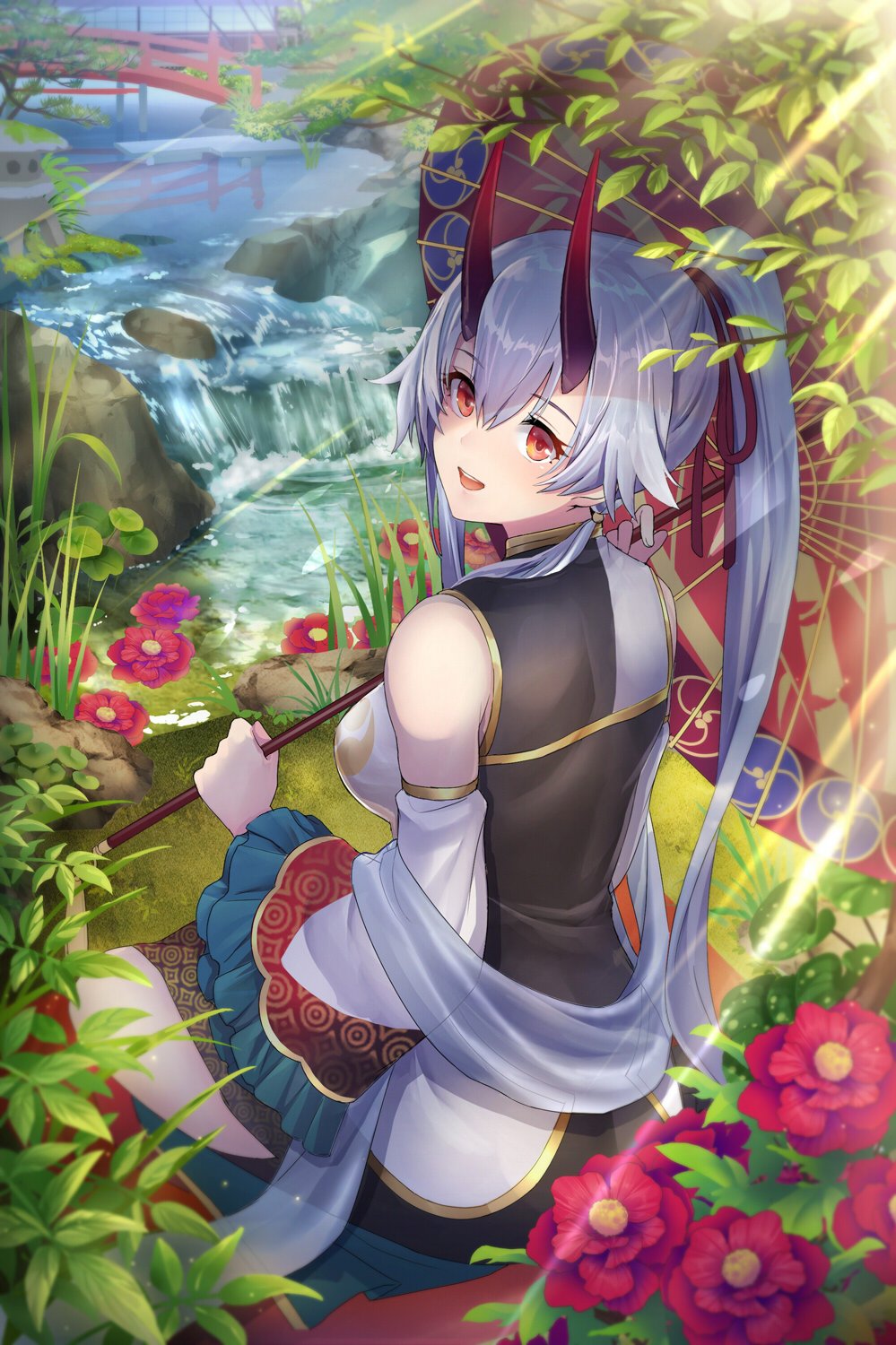 breasts bridge china_dress chinese_clothes commentary_request dress fate/grand_order fate_(series) floral_background hair_ribbon head_tilt highres holding holding_umbrella large_breasts long_hair looking_at_viewer nature oni_horns pantsu_majirou red_eyes red_ribbon ribbon river silver_hair sitting smile solo tomoe_(symbol) tomoe_gozen_(fate/grand_order) umbrella water waterfall