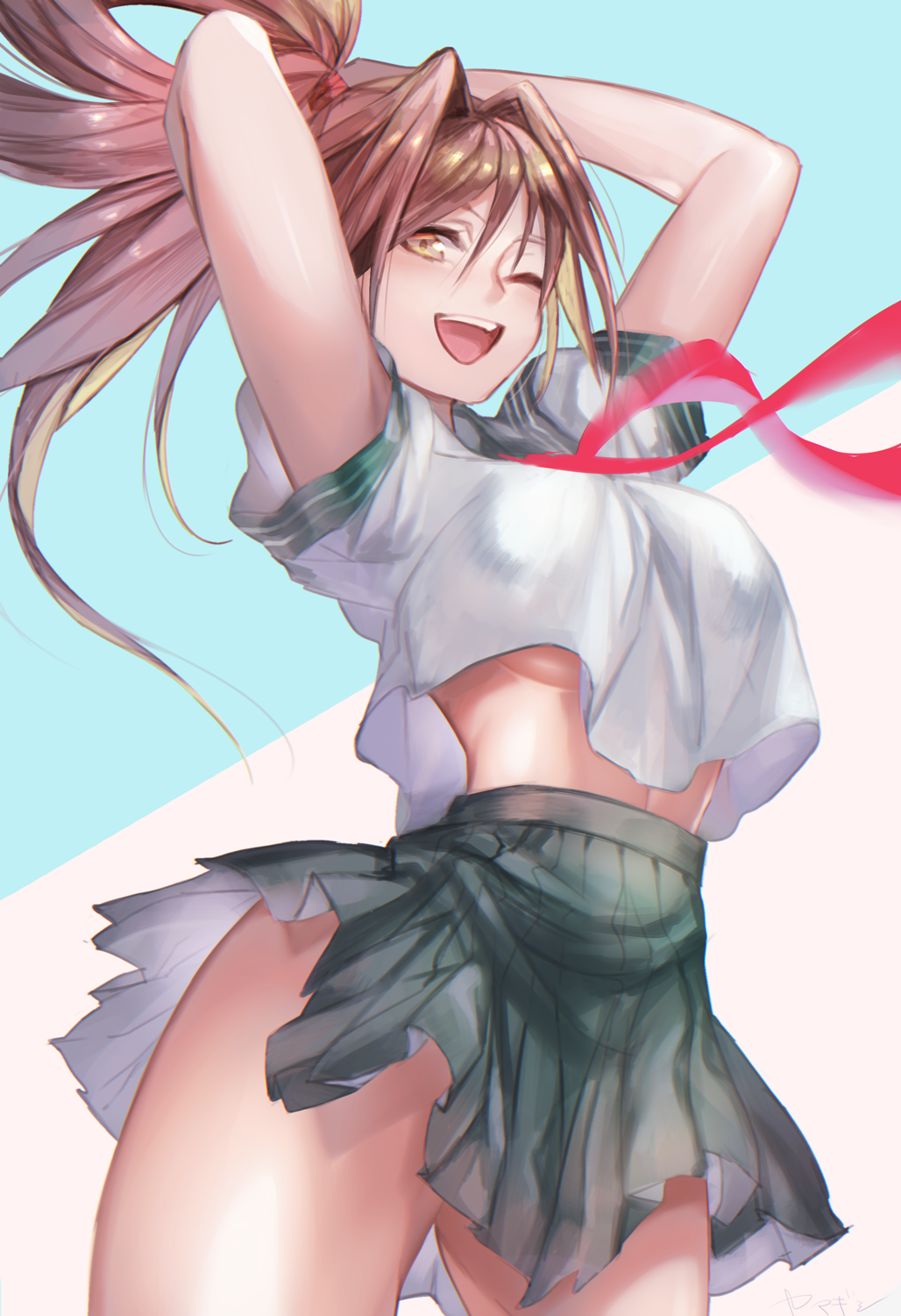 adjusting_hair arms_behind_head arms_up bangs bare_arms breasts brown_eyes brown_hair commentary cropped_legs double_horizontal_stripe green_sailor_collar green_skirt hair_intakes hair_ornament hair_tie highres holding holding_hair ichigo_100_percent kitaooji_satsuki large_breasts long_hair navel neckerchief one_eye_closed open_mouth pleated_skirt ponytail red_neckwear sailor_collar school_uniform shirt short_sleeves skirt solo standing thighs two-tone_background underboob upper_teeth upshirt white_shirt yamagishi_chihiro