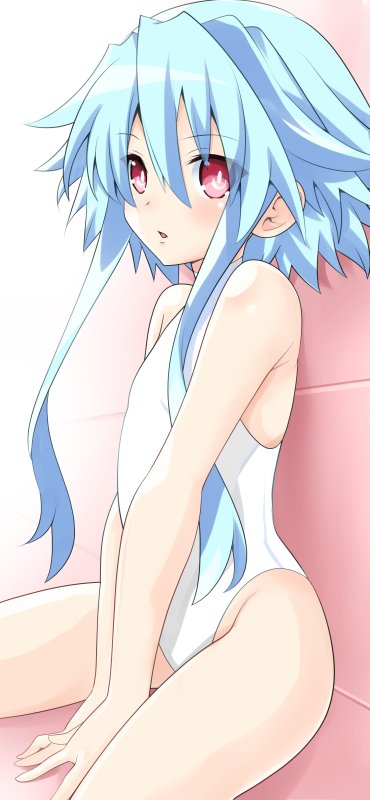 blanc blue_hair iwasi-r neptune_(series) pink_background red_eyes sitting swimsuit thighs visible_ears white_heart white_swimsuit