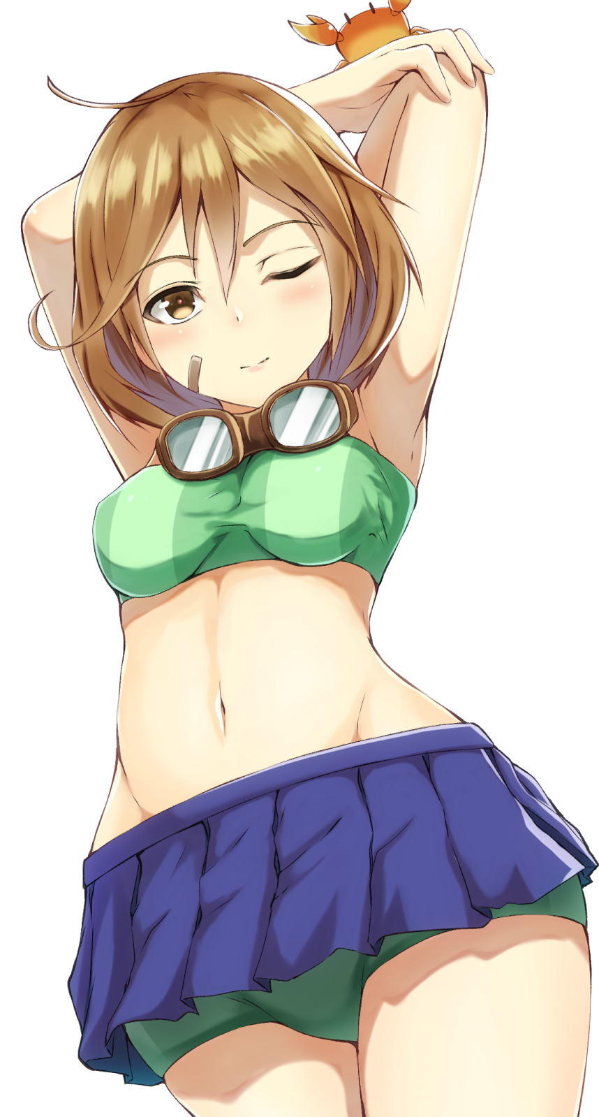 armpits arms_behind_head arms_up bandaid bandaid_on_face bikini blue_skirt blush bondo_(borndragon) breasts brown_eyes brown_hair commentary_request crab eyebrows_visible_through_hair from_below goggles goggles_around_neck green_bikini hair_between_eyes highres kantai_collection looking_at_viewer miniskirt navel oboro_(kantai_collection) one_eye_closed short_hair simple_background skirt small_breasts solo swimsuit white_background