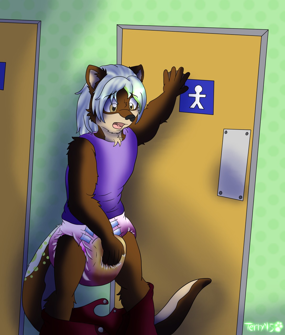 2015 bathroom black_nose chest_tuft clothed clothing diaper embarrassed emeritusterciel feces fully_clothed hand_on_crotch hand_on_wall humiliation looking_down male mammal messy_diaper mustelid netto_(uk-brony) open_mouth otter pants_down partially_clothed pooping public scat shirt soiling soiling_diaper tongue tuft urine watersports wet_diaper wetting