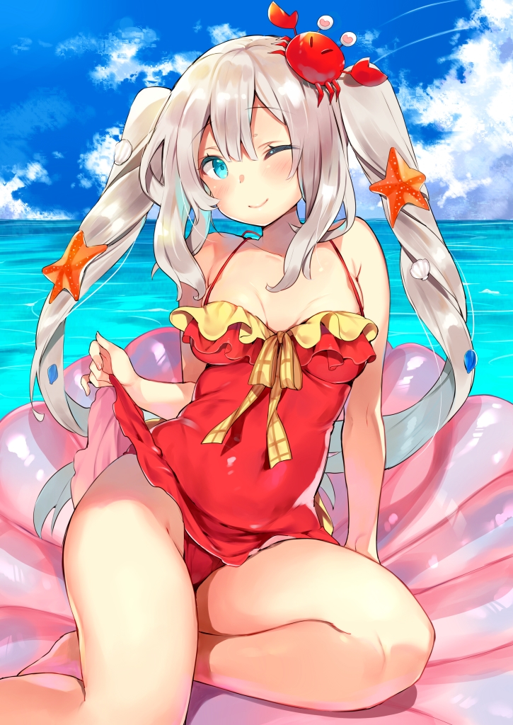 ;) animal animal_on_head arm_support bangs bare_arms bare_legs bare_shoulders barefoot blue_eyes blue_sky blush breasts breasts_apart casual_one-piece_swimsuit closed_mouth clothes_lift cloud collarbone commentary_request crab day eyebrows_visible_through_hair fate/grand_order fate_(series) frilled_swimsuit frills grey_hair groin head_tilt heart heart_in_eye horizon kibii_mocha lifted_by_self long_hair marie_antoinette_(fate/grand_order) marie_antoinette_(swimsuit_caster)_(fate) medium_breasts ocean on_head one-piece_swimsuit one_eye_closed outdoors red_swimsuit seashell seashell_hair_ornament shell sidelocks sitting sky smile solo starfish starfish_hair_ornament swimsuit swimsuit_skirt symbol_in_eye twintails very_long_hair water yokozuwari