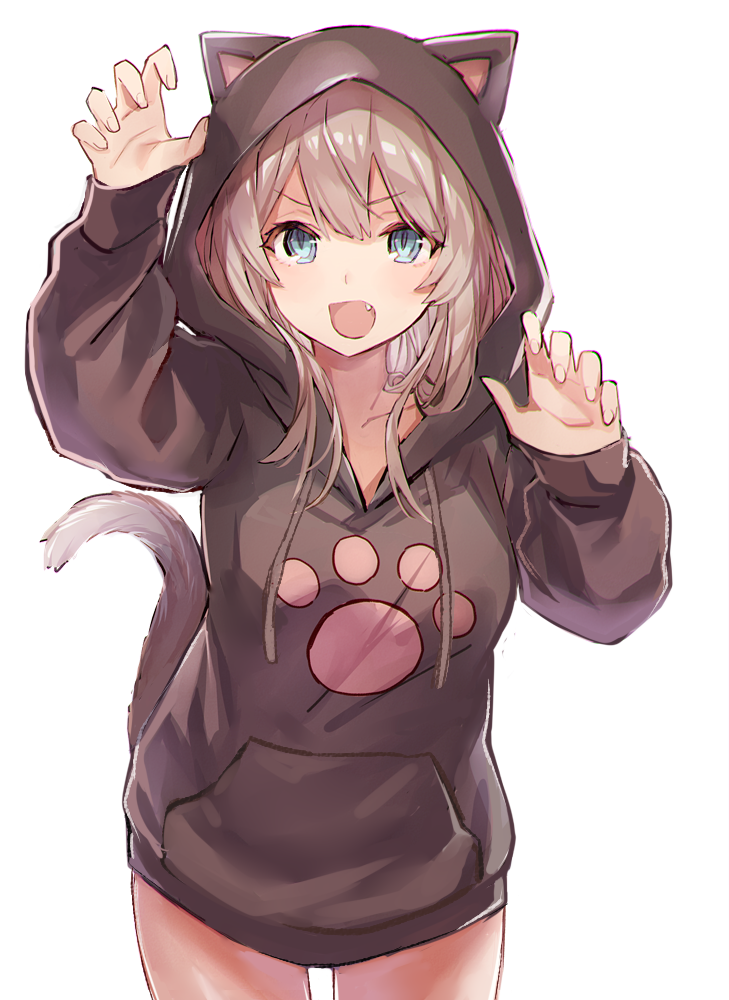 :d animal_ears blue_eyes cat_ears cat_tail claw_pose fang grey_hair hood hoodie open_mouth original smile solo tail v-shaped_eyebrows white_background yuzuki_karu