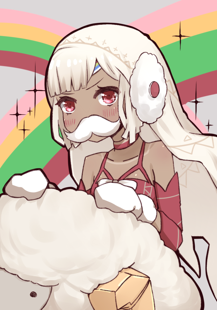 altera_(fate) altera_the_santa animal bangs bare_shoulders blunt_bangs breasts choker collarbone dark_skin detached_sleeves earmuffs fake_facial_hair fake_mustache fate/grand_order fate_(series) gloves headdress i.u.y rainbow red_eyes sheep short_hair simple_background small_breasts solo veil white_hair