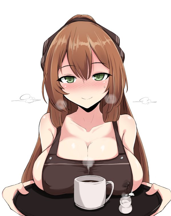 alternate_costume apron bangs blush breast_milk breast_rest breasts brown_hair cleavage commentary_request eyebrows_visible_through_hair girls_frontline green_eyes hair_between_eyes heavy_breathing holding holding_tray korean_commentary kumasteam lactation lactation_through_clothes large_breasts long_hair looking_at_viewer m1903_springfield_(girls_frontline) naked_apron no_bra sidelocks simple_background skindentation smile solo tray white_background