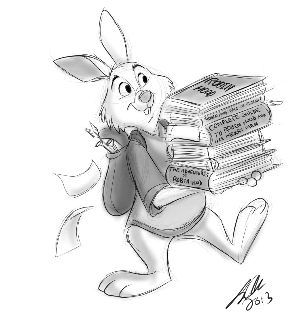 2013 3_toes 4_fingers anthro arrow backpack book bottomless buckteeth clothed clothing cute disney ehh123 english_text fur greyscale holding_book holding_object lagomorph male mammal monochrome paper rabbit robin_hood_(disney) shirt signature simple_background sketch skippy smile solo stack standing teeth text toes white_background