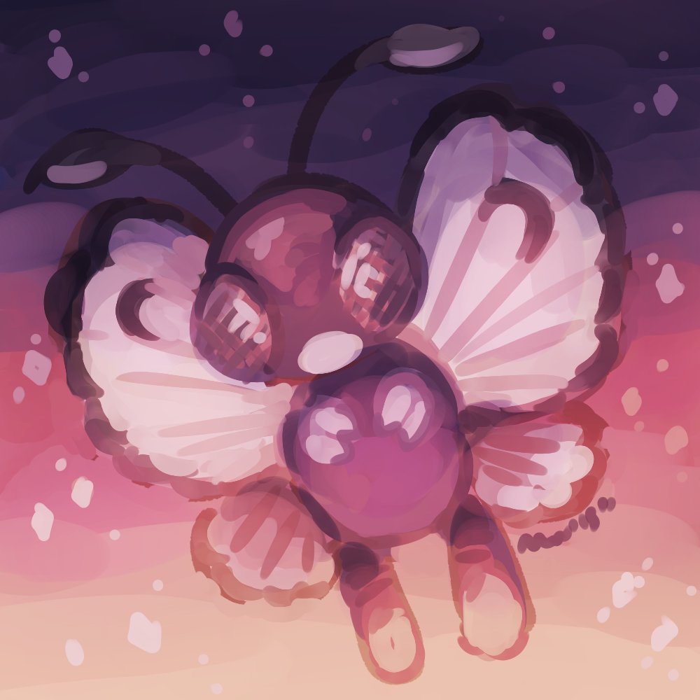 2018 2_fingers ambiguous_gender antennae arthropod big_eyes biped black_wings butterfly_wings butterfree claws compound_eyes digital_media_(artwork) feral flying insect looking_at_viewer nintendo pok&eacute;mon pok&eacute;mon_(species) purple_body rubindraws signature simple_background solo sparkles spread_wings video_games white_wings wings