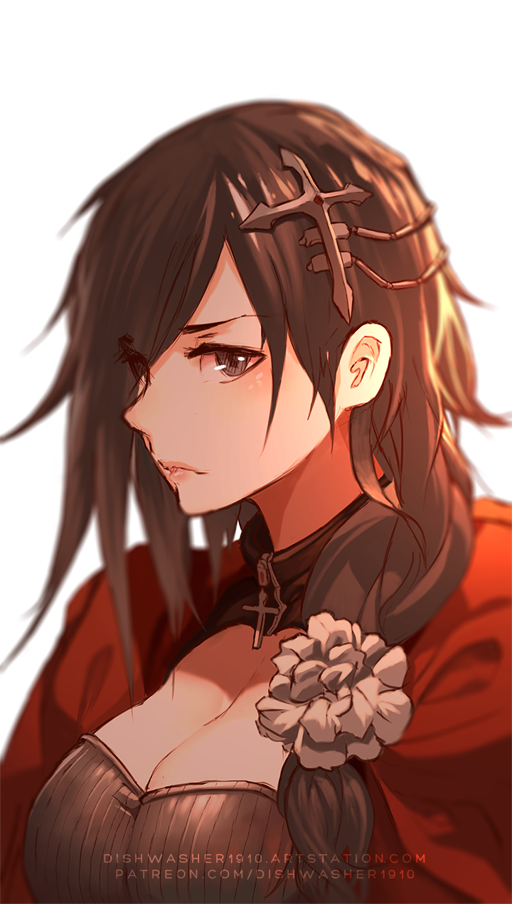 artist_name artstation_username breasts brown_eyes brown_hair cleavage closed_mouth commentary cross cross_hair_ornament dishwasher1910 dress english_commentary flower frown hair_ornament highres large_breasts long_hair looking_at_viewer older patreon_username red_dress ruby_rose rwby serious simple_background solo upper_body watermark web_address white_background