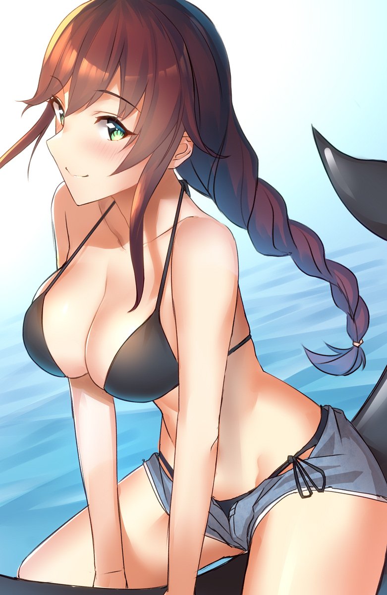 alternate_costume alternate_hairstyle bangs bare_shoulders bikini black_bikini blush braid breasts brown_hair cleavage collarbone commentary day eyebrows_visible_through_hair green_eyes groin highres kantai_collection large_breasts leaning_forward long_hair looking_at_viewer mounting noshiro_(kantai_collection) open_clothes open_shorts outdoors pallad short_shorts shorts sidelocks single_braid smile solo stomach swept_bangs swimsuit thighs water